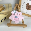 Pink plush animal keychain with blue striped hat and heart pocket on a mini easel - Pocket Monster - Pink