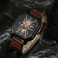 Detail of square black watch case with rose gold accents on dark rock background - HK044 Watch Only / Brown