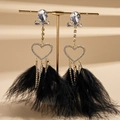 Elegant gold heart earrings with sparkling rhinestones and black feather fringe details - Black (Silver Earring Post)
