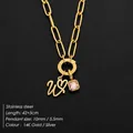 Luxury 14K gold plated titanium steel paperclip necklace with letter W and pink gemstone - Letter W (XNL0097)