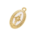 Macro detail of gold oval religious medallion with Virgin Mary relief and engraved text - White