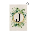 Garden flag with golden letter J and green eucalyptus leaves on beige linen fabric - Letter J