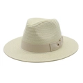 Close-up of beige woven straw fedora hat with light brown ribbon and bow detail - M (56-58cm) / Creamy White