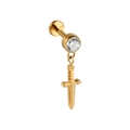 Gouden G23 titanium labret met zwaard hanger en een heldere ronde zirkoon steen - Zwaard Hanger / Goud