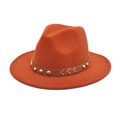 Detail of orange fedora hat with brown leather band, silver studs and V-shaped stitching - M (56-58cm) / Caramel color