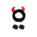 Conjunto de diadema de peluche negro con cuernos rojos y muñequeras para lavarse - Juego de Diadema y Muñequeras / Negro