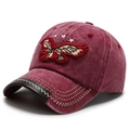 Vintage washed denim baseball cap in dark red with eagle embroidery and star details - Embroidered Eagle - Wine Red