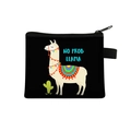 Black polyester coin purse with colorful cartoon llama print and No Prob Llama text - Black Cartoon Alpaca with Cactus
