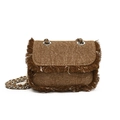 Brown mini crossbody chain bag for kids featuring stylish frayed edges and denim texture - Brown