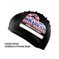 Kids black swim cap with British Swim School logo and name tag area printed - Candy Black (Kids Printed)