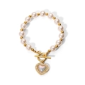 White pearl heart pendant bracelet with gold OT clasp and sparkling crystal accents - Rhinestone Heart Pendant Pearl Style (HF-S4140)