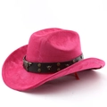 Close-up of rose red suede cowboy hat featuring leather band with bull head metal studs - M (56-58cm) / Rose Red