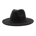 Classic black wide-brimmed wool fedora hat with a decorative brown braided band - M (56-58cm) / Black