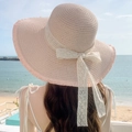 Pink wide brim straw sun hat with white lace bow and fringe edge for beach vacation - Large Brim Ribbon Pink