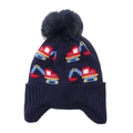 Winter knit earflap hat for kids featuring colorful excavator patterns and a blue faux fur pom - Navy Blue