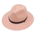 Atmungsaktiver rosa gewebter Fedora Sonnenhut mit dunkelbraunem Lederband und Schnalle - Rosa