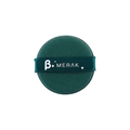 Detail of soft dark green round powder puff with satin ribbon handle and white logo - Single Individual Package / Green Merak