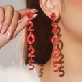 Red rhinestone long tassel earrings with 2025 pendant and star-shaped stud for women - Red 2025 Star Pendant Style