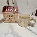 Beige cat-themed ceramic mug with lid, spoon and festive gift box packaging - Small Gift Box / Tan