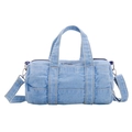 Kids blue denim cylinder crossbody bag with dual handles and detachable shoulder strap - Light Blue