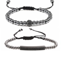 Set de bracelets en perles noires ajustables avec breloque zircon rectangulaire et sphère - Ensemble / Noir