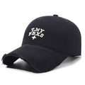 Distressed black baseball cap with white T.NY embroidery and frayed brim for street style - Adjustable / Black