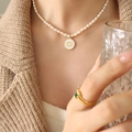 Cancer zodiac sign freshwater pearl necklace with gold plated round pendant for women - Cancer