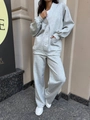 Women's casual grey two-piece lounge set with button cardigan and wide-leg trousers - S / Light Gray