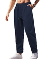 Detail of navy casual trousers featuring drawstring elastic waist and vertical seam stitching - S / Bottoms / Navy Blue