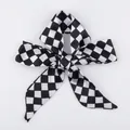 Classic black and white checkerboard bow hair tie made of smooth satin fabric - S74-Black White Classic Checkerboard