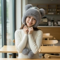 Winter plush trapper hat in grey with blue-yellow plaid pattern and soft faux fur poms - Pocket Multi-Pom Style / Gray