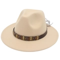 Beige wool fedora hat with ethnic leather band and vintage metal shell accents - Beige