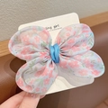 Pink floral organza bow hair tie with blue ribbon on display card - FJ1074C Light Blue Floral (No Card)
