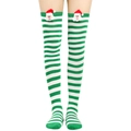 Detail van groen-wit gestreepte overknee sokken met een 3D-kerstman versiering erop - Eén maat / Groen en Wit Gestreept