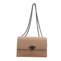Minimalist beige crossbody square bag with metallic chain strap and pyramid stud lock - Khaki