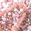 Mixed size half round pearls and resin rhinestones for nail art and DIY crafts - Brown White Pink AB Series-Y / 30 g