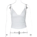 Slim fit white V-neck spaghetti strap crop top with elegant pleated detail on mannequin - S / White