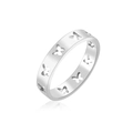 Polished silver stainless steel ring with hollow butterfly design from a 45-degree angle - US 8 / Steel