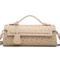 Beige ostrich pattern crossbody baguette bag with gold hardware and top handle - Khaki (Ostrich Pattern)