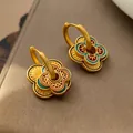 Handcrafted vintage gold earrings featuring blue and red floral enamel cloisonne details - T2172 Style / Crabapple Flower