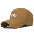 Khaki brown baseball cap featuring white ECHO embroidery and distressed frayed brim edges - Light Coffee