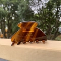 Detail of a brown amber texture hair claw clip on a wooden railing with nature background - Brown
