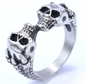 Vintage silver punk double skull ring in stainless steel with textured band detailing - US Size 8 / Double Skull Style (06305)
