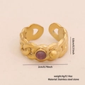 Vintage gold stainless steel open ring featuring a round purple amethyst natural stone - Woven Texture Heart Hollow Purple Stone Style (8#)