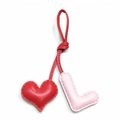 Handmade leather heart and pink letter L charm with stitching for bags and keys - Light Pink L with Red Heart
