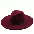 Classic wide brim fedora hat in deep burgundy wool with a brown leather belt detail - Burgundy
