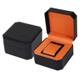 Octagonal black PU leather watch box with premium orange interior lining - Black Skin Grain