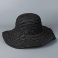 Detailed texture of black hand-woven straw wide-brim sun hat for beach vacation - M(56-58cm) / Black