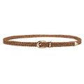 Women's slim woven belt in dark coffee brown with elegant gold-tone buckle - Camel With Gold Thread