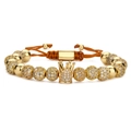 8mm goldene Krone Armband mit Mikropflaster-Zirkonia und verstellbarer brauner Flechtschnur - 8mm Zirkonia-Ball + Große Krone